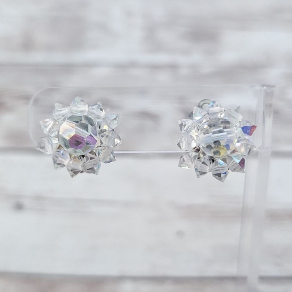 Vintage Clip On Earrings - 0.75" Beaded Iridescent Cluster